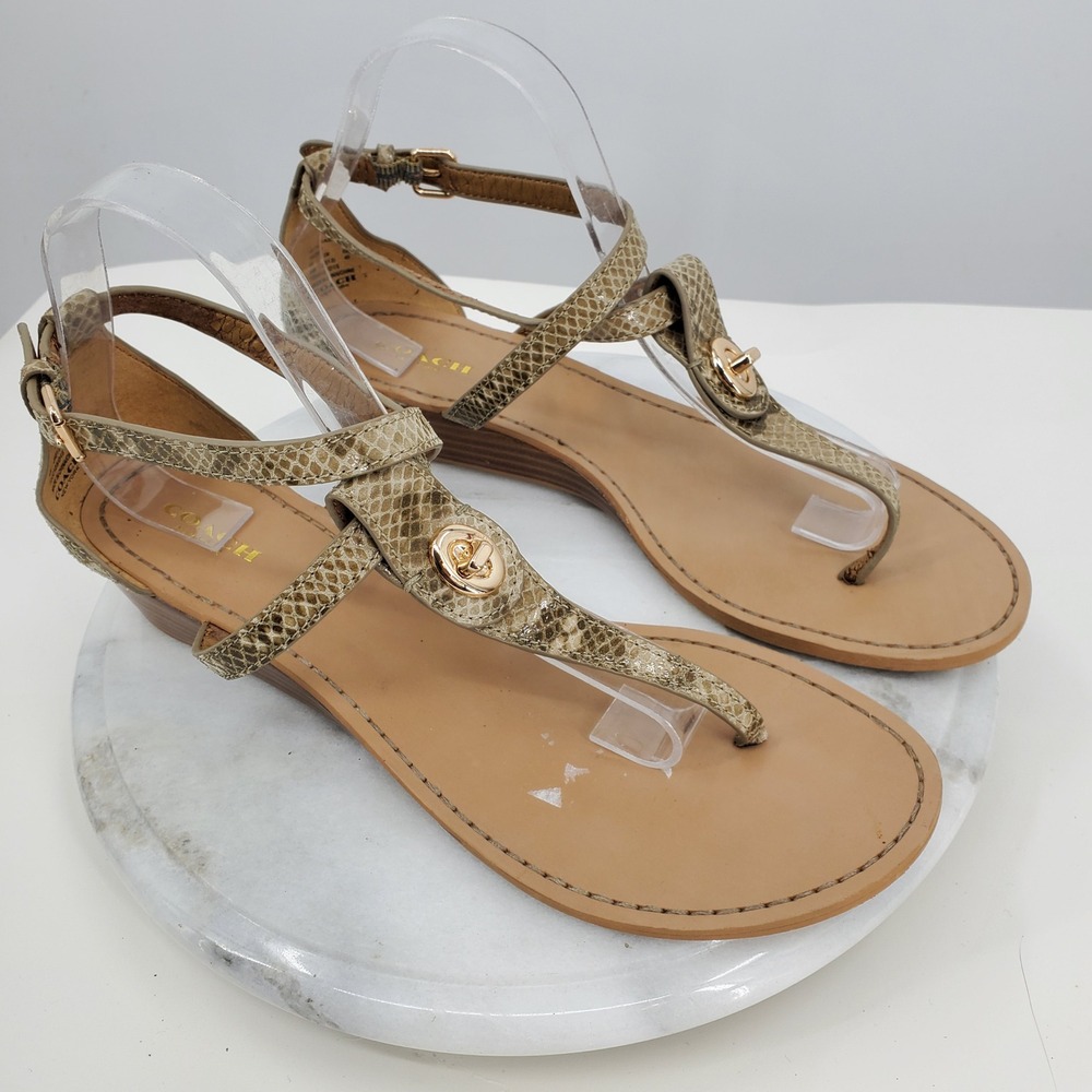 Coach Ingrid Snakeskin Embossed T-Strap Turnlock Wedge Sandals Tan Brown 10B